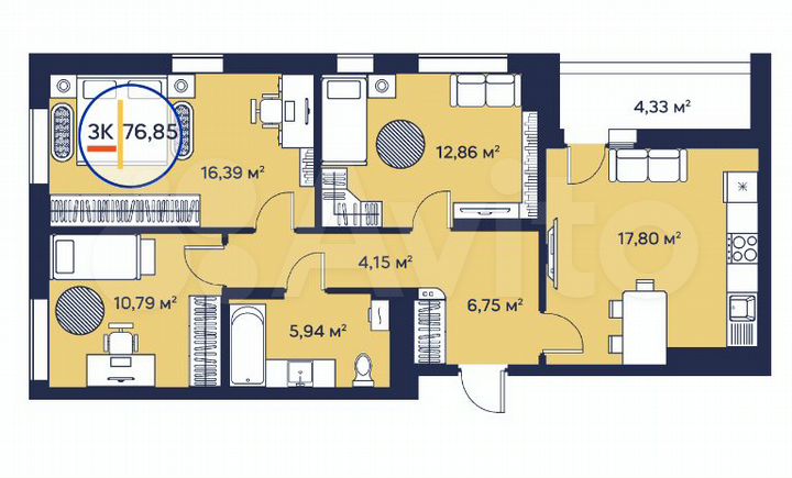 3-к. квартира, 77 м², 19/23 эт.