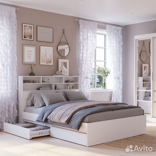 Кровать с ящиками 160х200 белая с надстройкой