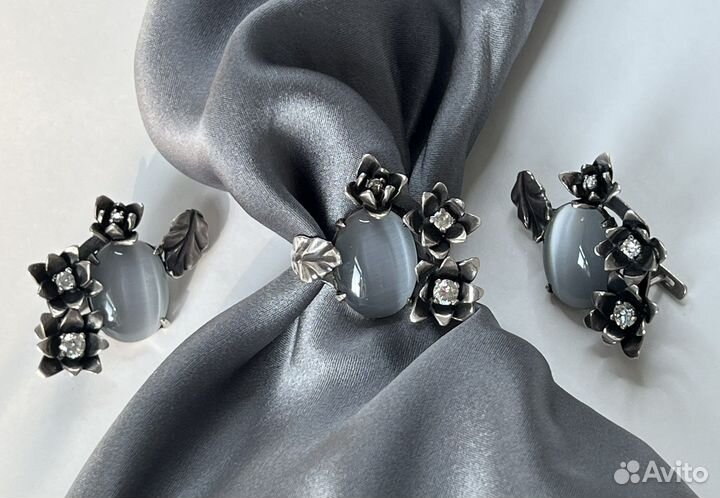 Серебряное кольцо серьги улексит кошайчий глаз