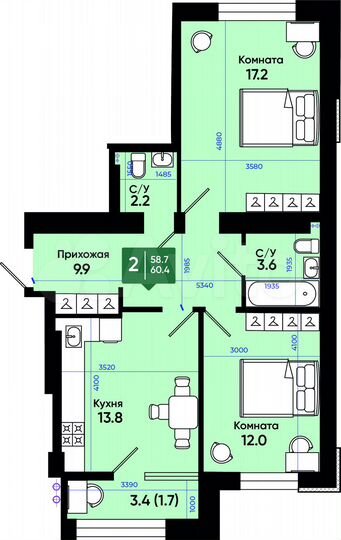 2-к. квартира, 60,4 м², 3/3 эт.