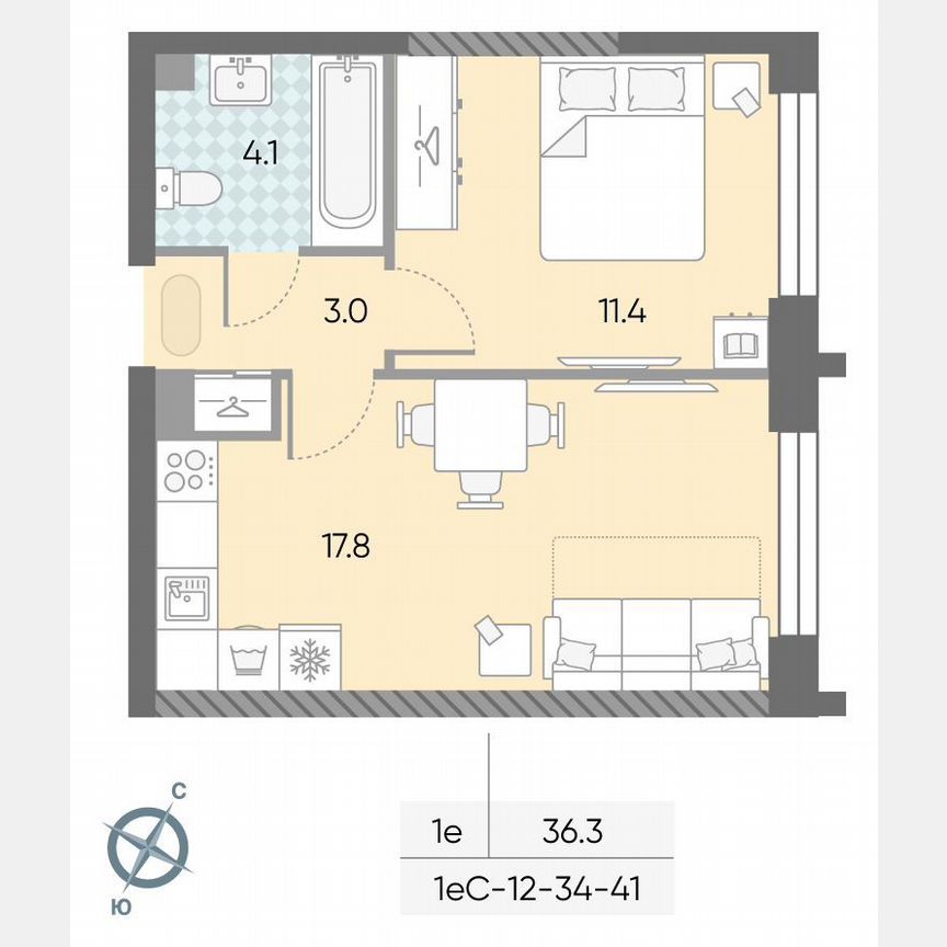 1-к. квартира, 36,3 м², 38/43 эт.