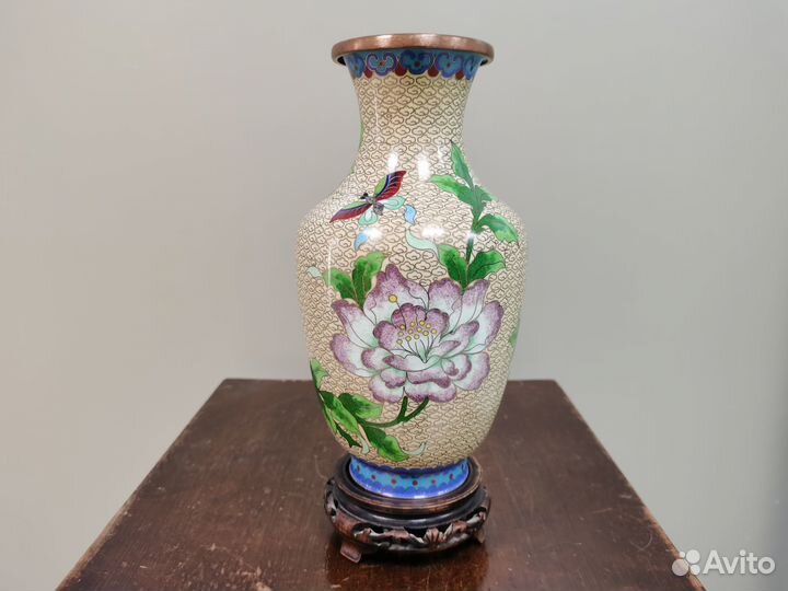 Ваза цветы клуазоне старый Китай 1950 годы эмаль