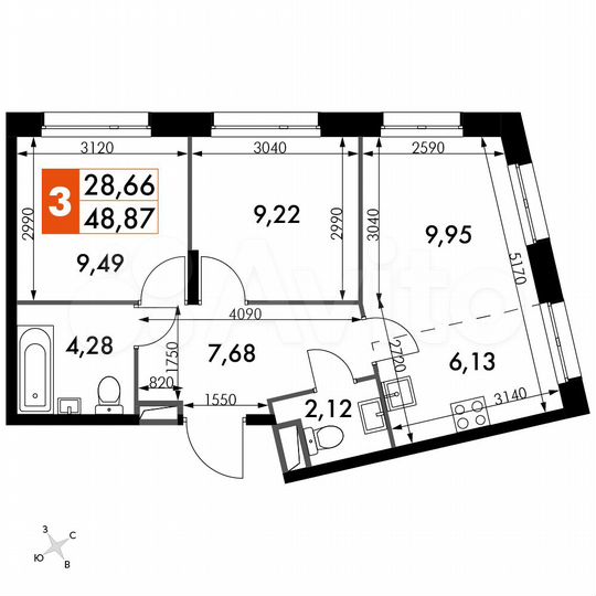 3-к. апартаменты, 48,9 м², 9/15 эт.