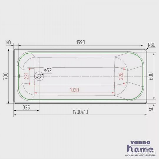 Ванна чугунная Элегия 170x70 углубленная 46 см