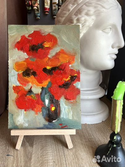 Картина маслом цветы в вазе красные маки