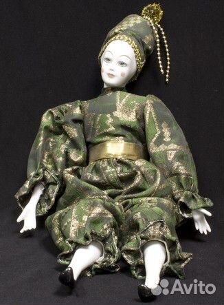 Кукла Арлекин в розово-зеленом, фарфор, Германия