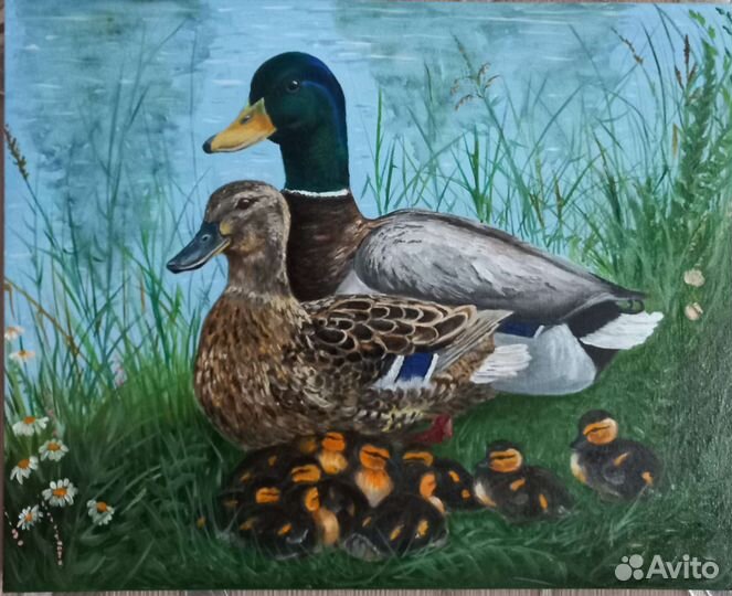 Картина маслом на холсте,Утиная семья