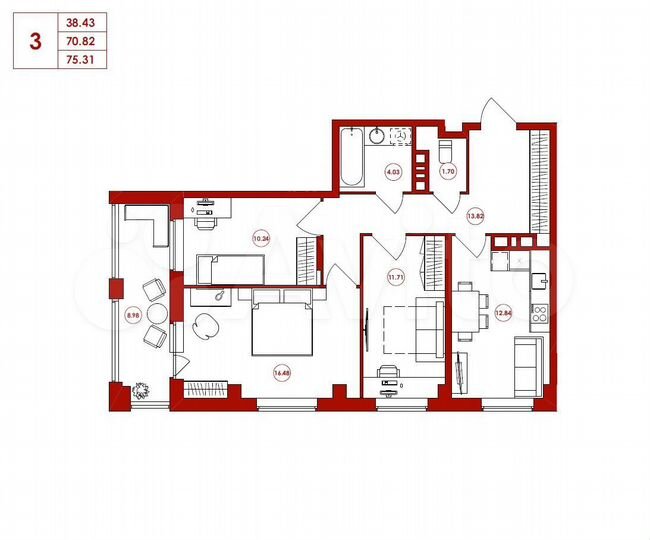 3-к. квартира, 75,3 м², 3/16 эт.