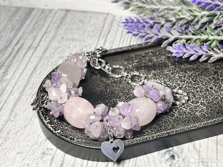 Браслет из аметиста и розового кварца крупного