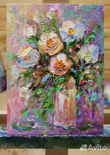 Картина маслом, Натюрморт с цветами, 24х18 см