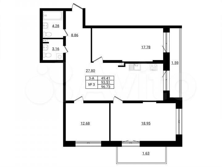 3-к. квартира, 96,7 м², 1/9 эт.