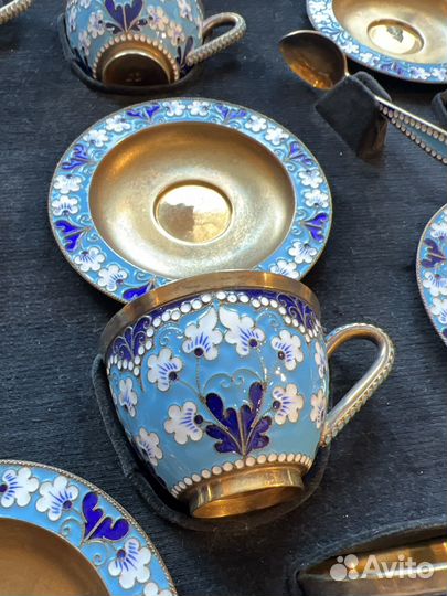 Серебряный чайный сервиз с эмалями 6 кг