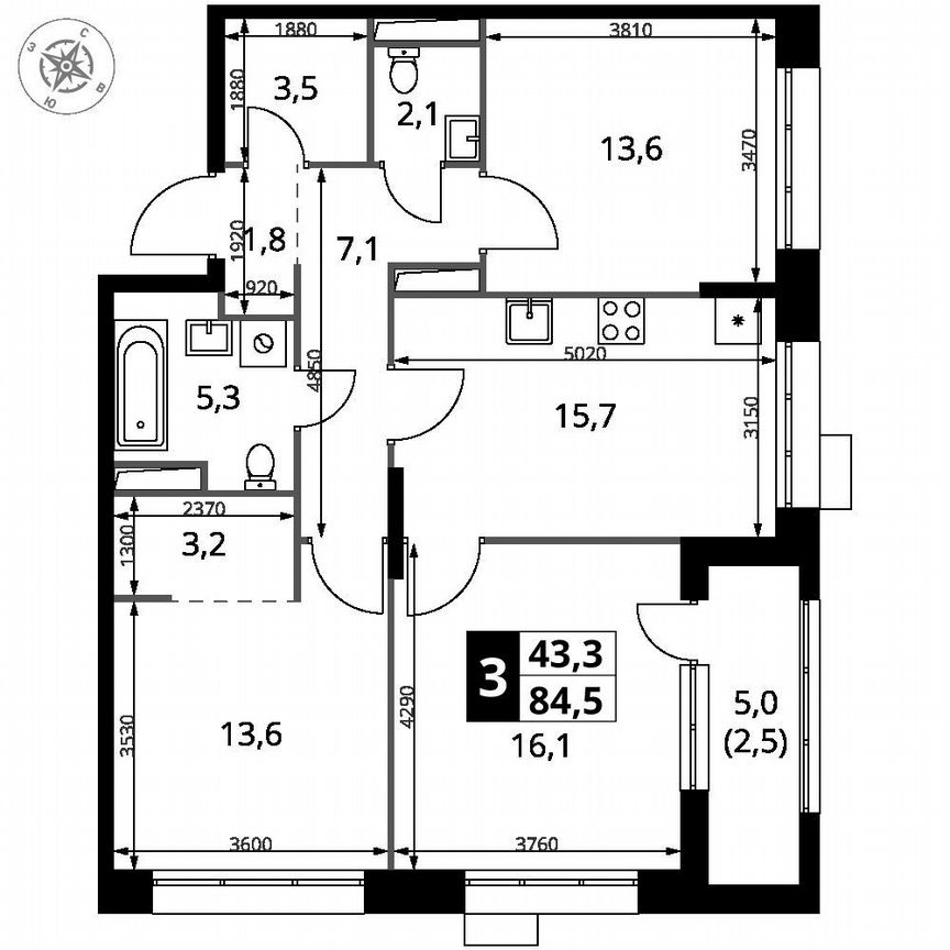 3-к. квартира, 84,5 м², 17/21 эт.
