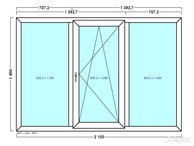 Пластиковое окно 3х створчатое 2100х1450