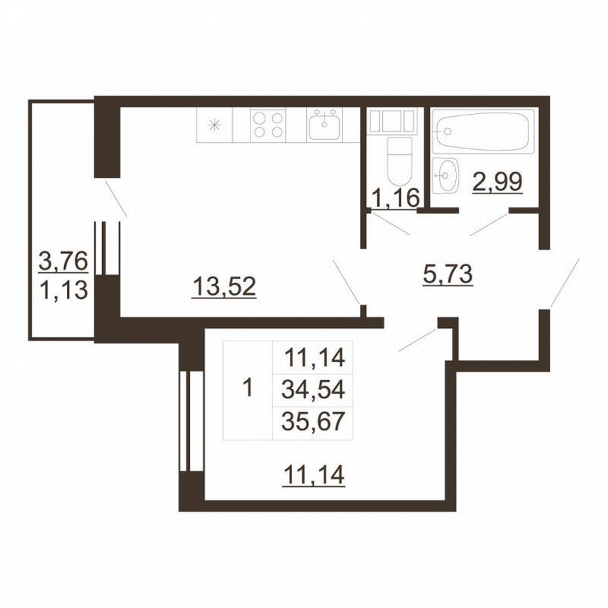 1-к. квартира, 35,7 м², 5/6 эт.