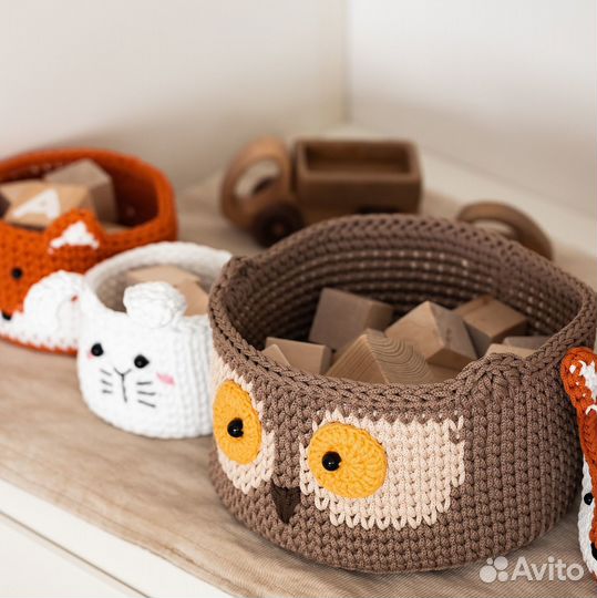 Набор вязаных корзин: зайчик, лиса и сова