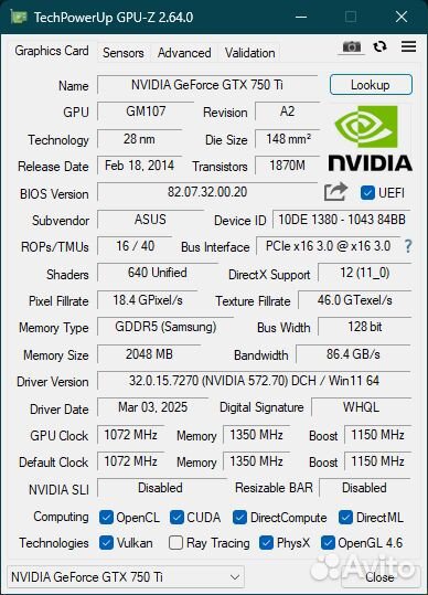 Видеокарта gtx 750 ti 2gb