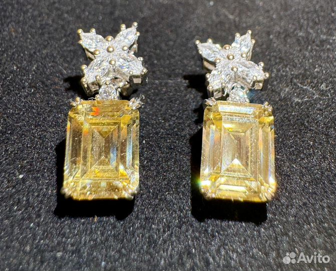 Муассанит лимонный emerald 2 ct серьги