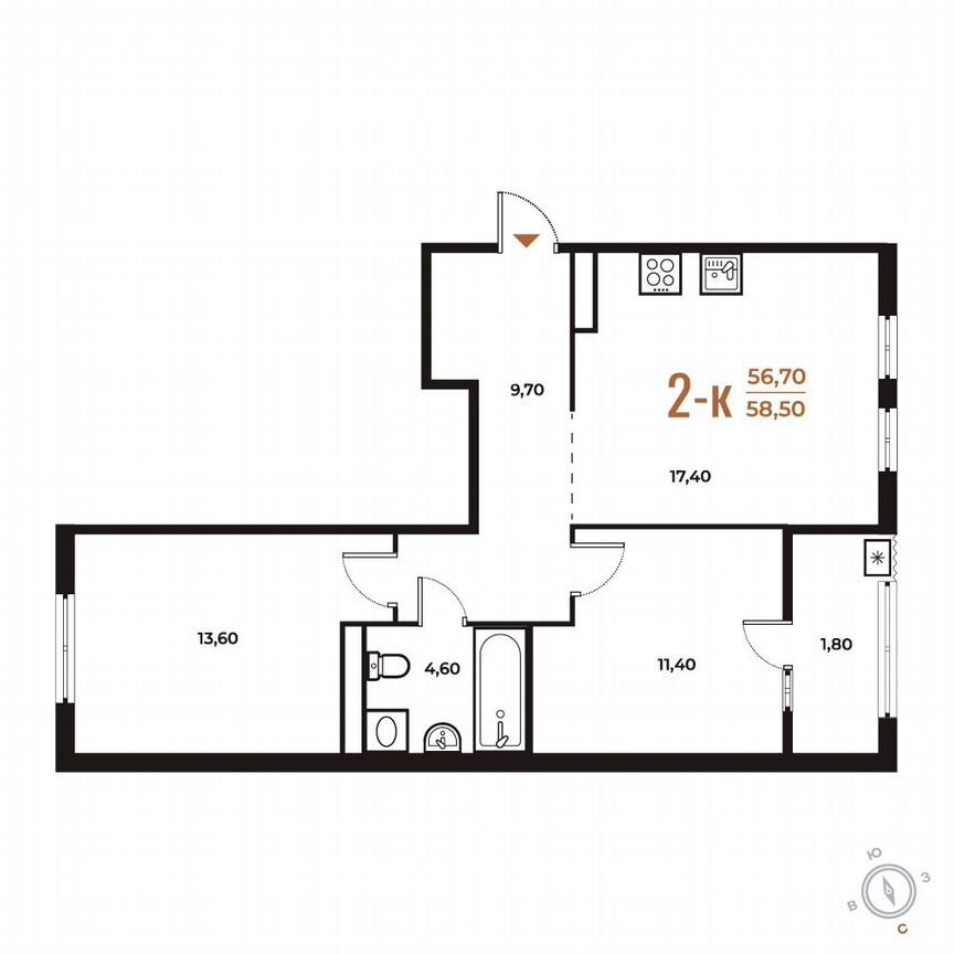 2-к. квартира, 58,5 м², 4/8 эт.