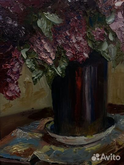 Картина, сирень, написанная маслом на холсте