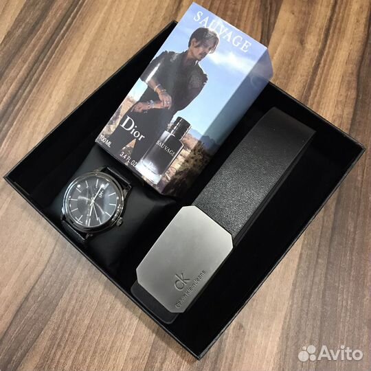 Мужской подарочный набор. Ремень, часы, парфюм
