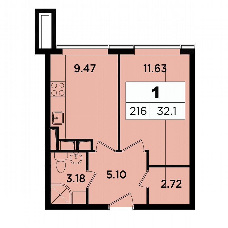 1-к. апартаменты, 32,1 м², 16/18 эт.