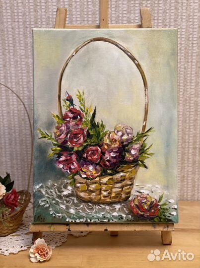 Картина маслом «Розы в корзине», холст 30*40
