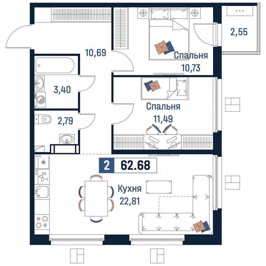 2-к. квартира, 62,7 м², 8/18 эт.