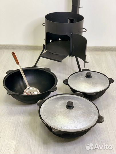 Казан чугунный с печкой + шумовка в подарок