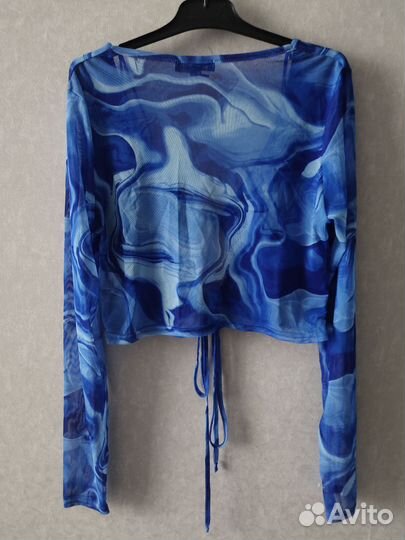 Кроп топ с длинным рукавом синий сетчатый