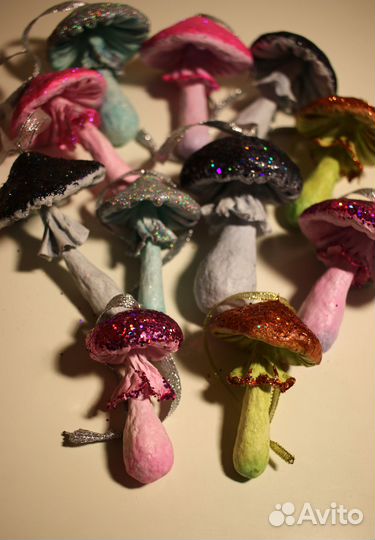 Ватная елочная игрушка гриб ручной работы