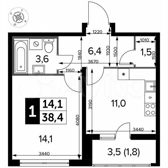 1-к. квартира, 38,4 м², 17/24 эт.