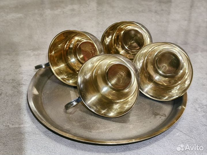 Набор чашек на подносе мельхиор (антиквариат)