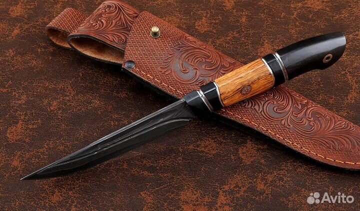 Нож Ирбис дамаск ламинированный с долом черный гра