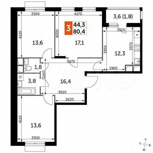 3-к. квартира, 80,4 м², 2/9 эт.