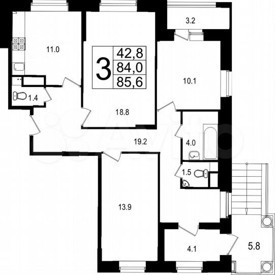 3-к. квартира, 85,6 м², 1/9 эт.