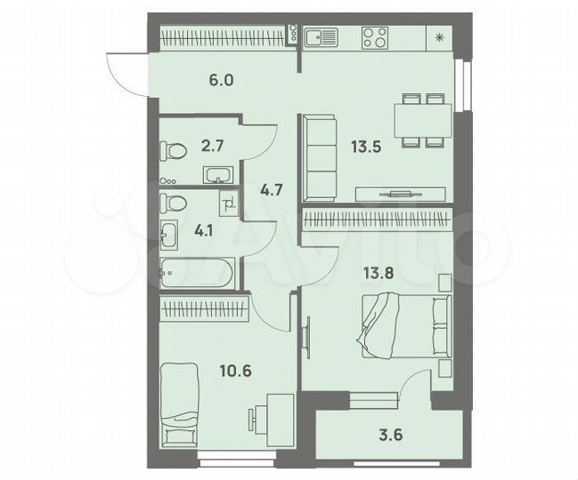 2-к. квартира, 57,2 м², 13/25 эт.