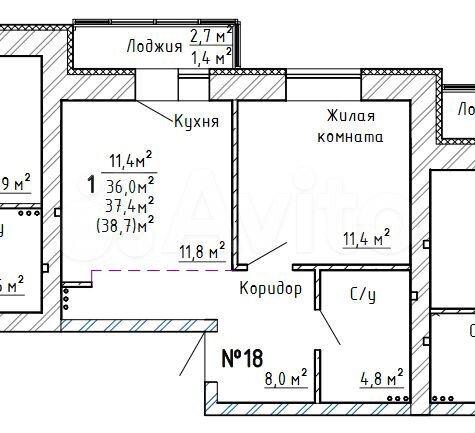 1-к. квартира, 37,4 м², 8/9 эт.