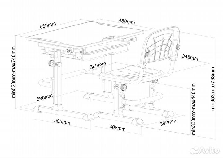 Растущая парта и стул для школьника и дс lupin