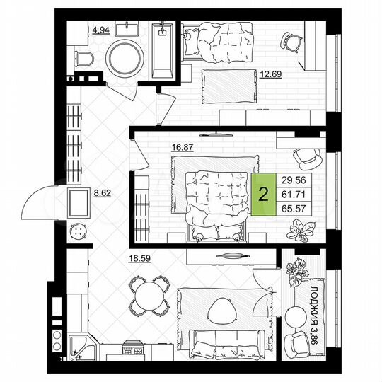 2-к. квартира, 65,6 м², 6/7 эт.