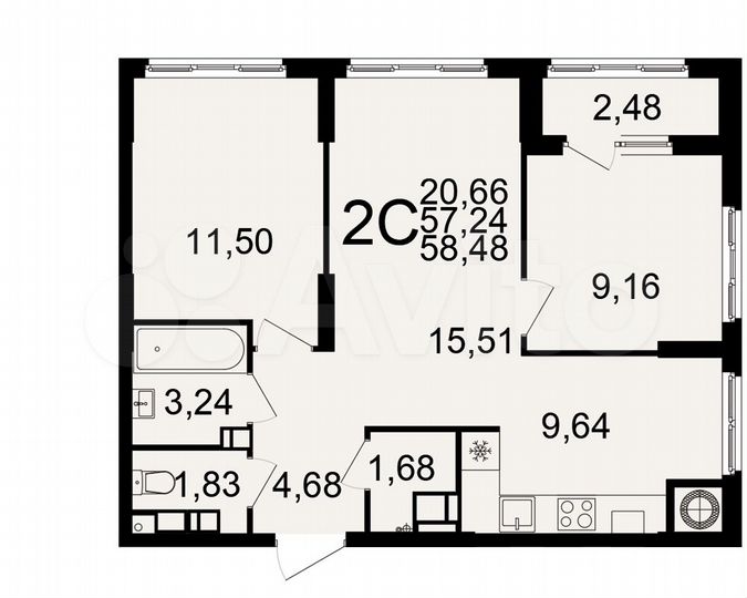 2-к. квартира, 58,5 м², 7/25 эт.