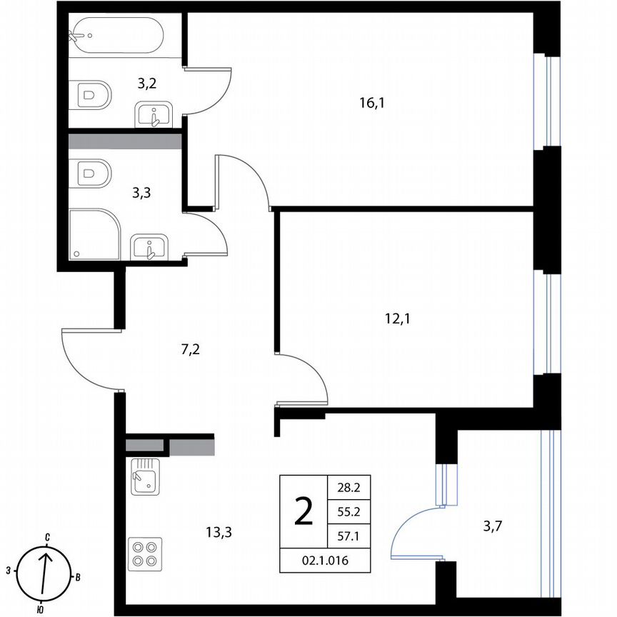 2-к. квартира, 57,1 м², 3/3 эт.