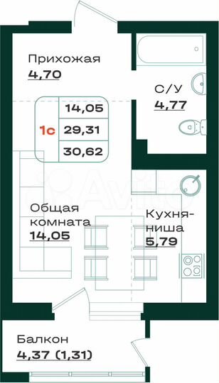 1-к. квартира, 30,6 м², 3/7 эт.