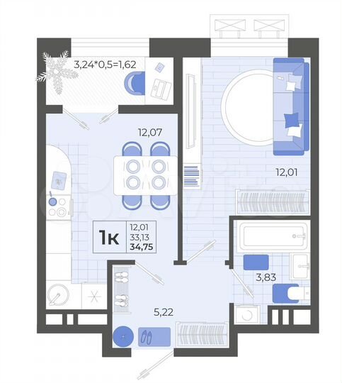 1-к. квартира, 34,8 м², 4/12 эт.
