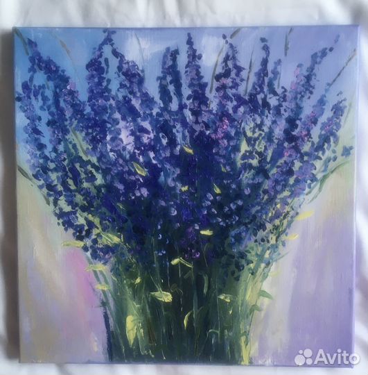 Картина маслом лаванда/ голубые цветы
