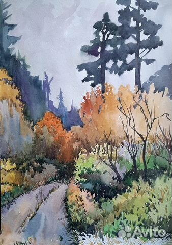 Картина акварелью.Осенний пейзаж