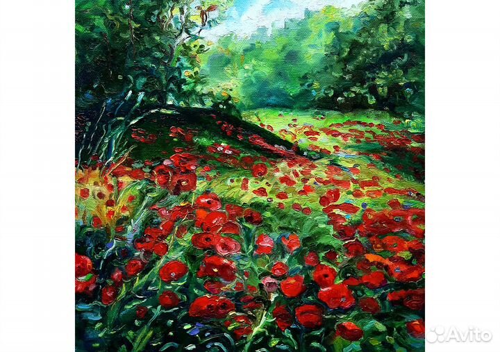 Картина маслом Маковая Поляна холст 30 см на 30см