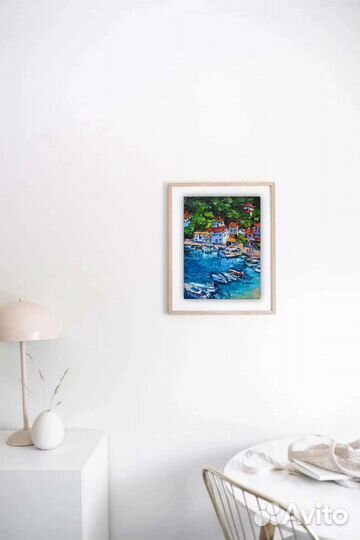 Картина маслом море Черногория лодки дома импасто