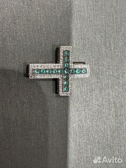 Золотой крест подвеска с изумрудами и брильянтами