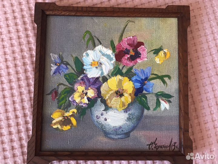 Картина маслом на холсте цветы в дубовой раме